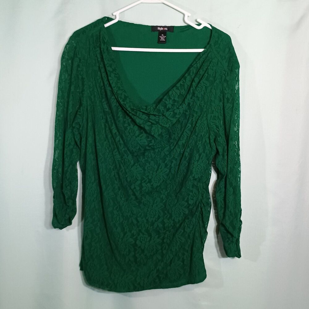 Style & Co Women’s Emerald Green Lace Cowl Neck 3/4 Sleeve Top – Dressy Blouse